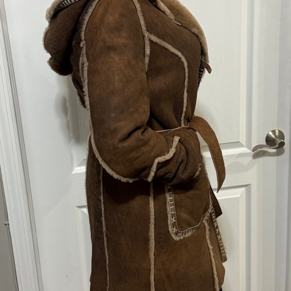 UGG Australia Brown Shearling Leather Hooded Fur Lined Coat size L